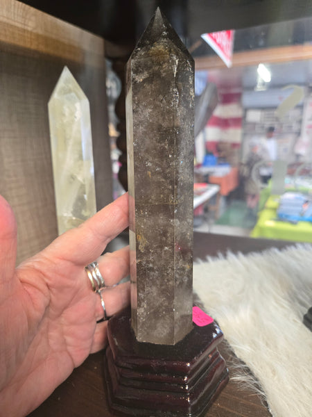 Smokey Quartz Tower in Wooden Base