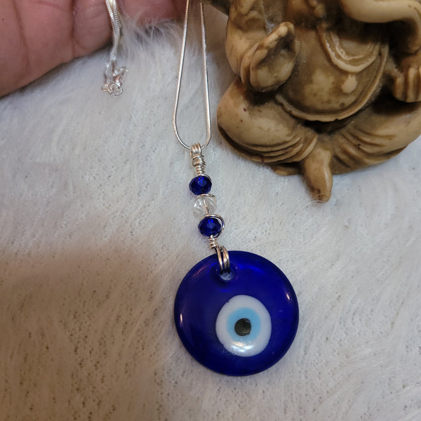 Evil Eye Pendant - with Czech Glass Beads wrapped on silver artistic wire- random pull