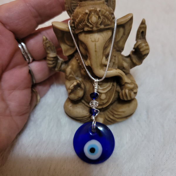 Evil Eye Pendant - with Czech Glass Beads wrapped on silver artistic wire- random pull