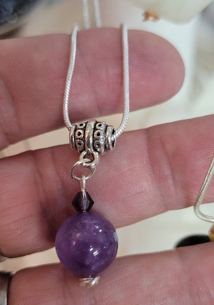 Pendants - Amethyst 12mm Bead Pendant on 925 Silver plated Chain handcrafted by Jules